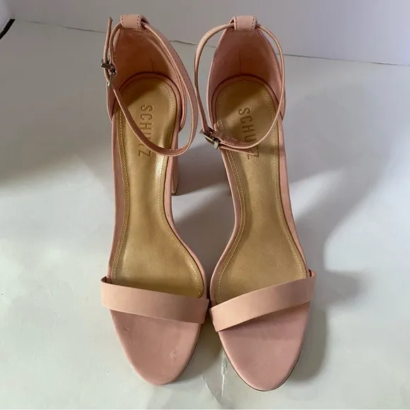 Schutz Forby Rose Tan pink suede open toe sandal heels with ankle closure 8