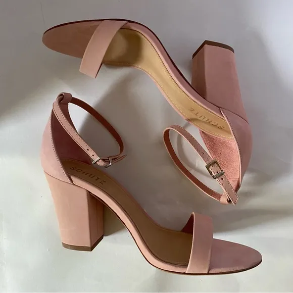 Schutz Forby Rose Tan pink suede open toe sandal heels with ankle closure 8