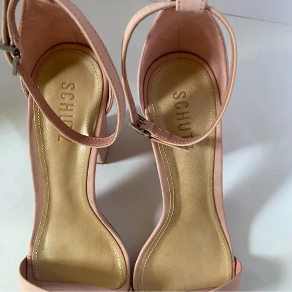 Schutz Forby Rose Tan pink suede open toe sandal heels with ankle closure 8