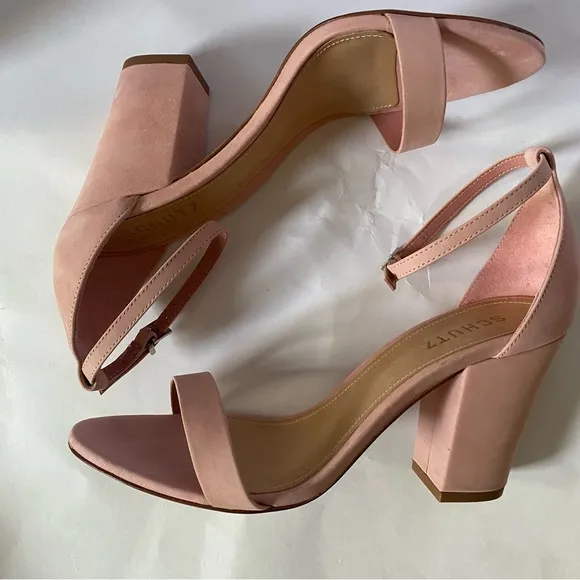 Schutz Forby Rose Tan pink suede open toe sandal heels with ankle closure 8