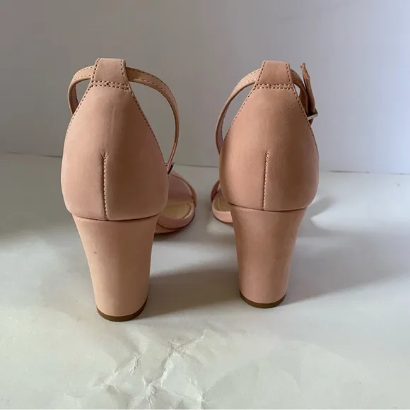 Schutz Forby Rose Tan pink suede open toe sandal heels with ankle closure 8