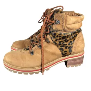 SCHUTZ Keida Calf Hair Boots Brown Lug Sole Leopard Trim Hiking Boots Size 10B