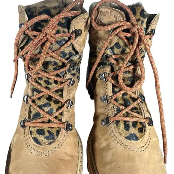 SCHUTZ Keida Calf Hair Boots Brown Lug Sole Leopard Trim Hiking Boots Size 10B