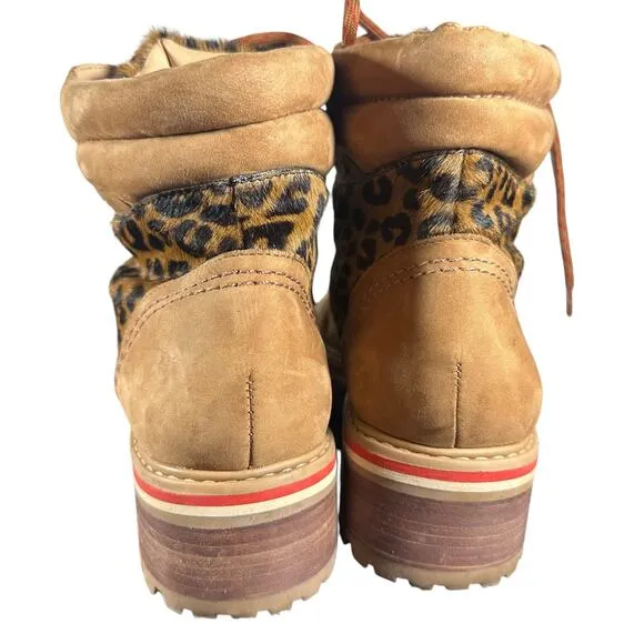 SCHUTZ Keida Calf Hair Boots Brown Lug Sole Leopard Trim Hiking Boots Size 10B