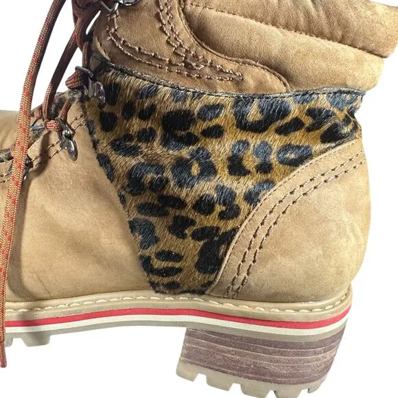 SCHUTZ Keida Calf Hair Boots Brown Lug Sole Leopard Trim Hiking Boots Size 10B