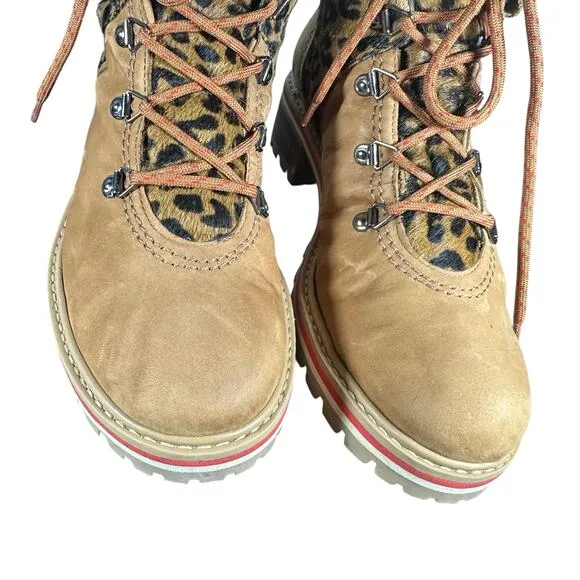 SCHUTZ Keida Calf Hair Boots Brown Lug Sole Leopard Trim Hiking Boots Size 10B