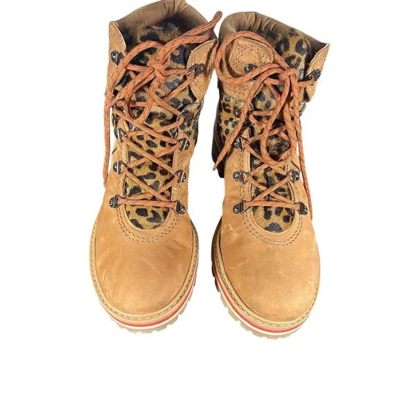 SCHUTZ Keida Calf Hair Boots Brown Lug Sole Leopard Trim Hiking Boots Size 10B