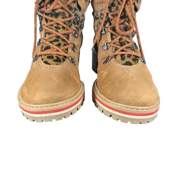 SCHUTZ Keida Calf Hair Boots Brown Lug Sole Leopard Trim Hiking Boots Size 10B