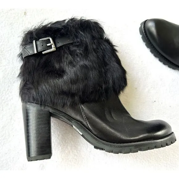 Schutz Women's Bootie Sz 7B Black Leather Fux Fur Block Heel Casual Ankle Boots