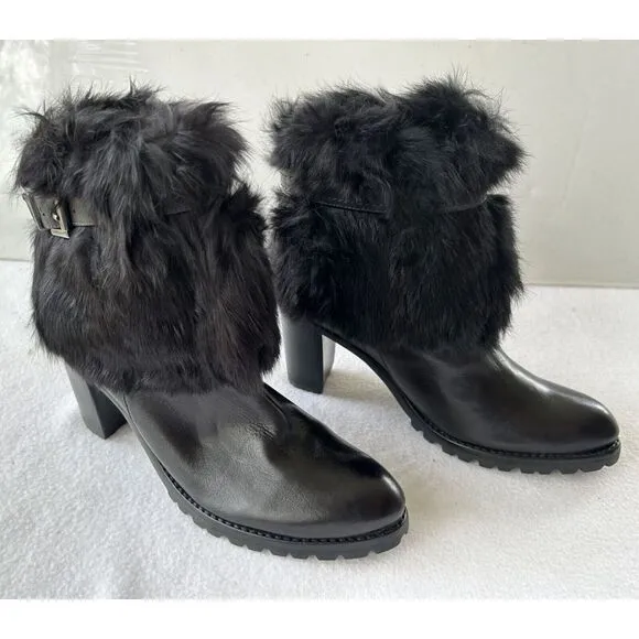 Schutz Women's Bootie Sz 7B Black Leather Fux Fur Block Heel Casual Ankle Boots