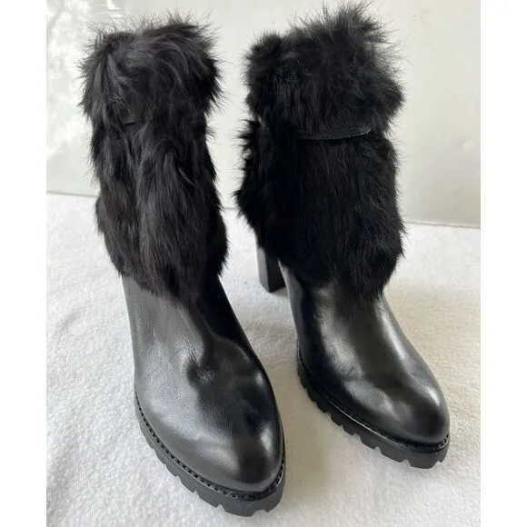 Schutz Women's Bootie Sz 7B Black Leather Fux Fur Block Heel Casual Ankle Boots