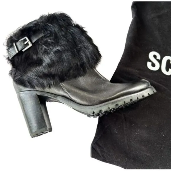 Schutz Women's Bootie Sz 7B Black Leather Fux Fur Block Heel Casual Ankle Boots