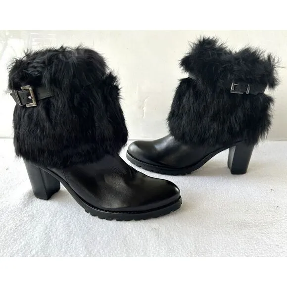 Schutz Women's Bootie Sz 7B Black Leather Fux Fur Block Heel Casual Ankle Boots