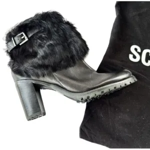 Schutz Women's Bootie Sz 7B Black Leather Fux Fur Block Heel Casual Ankle Boots
