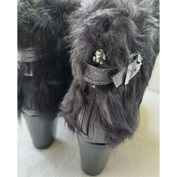 Schutz Women's Bootie Sz 7B Black Leather Fux Fur Block Heel Casual Ankle Boots