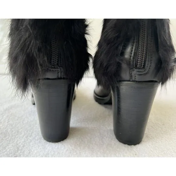 Schutz Women's Bootie Sz 7B Black Leather Fux Fur Block Heel Casual Ankle Boots
