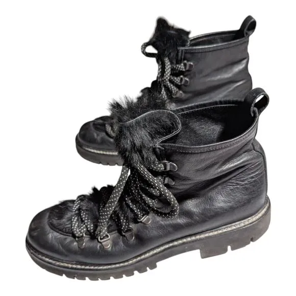 Sesto Meucci Black Leather Fur Trimmed Lace-Up Mid Top Lug Sole Boots 42 11