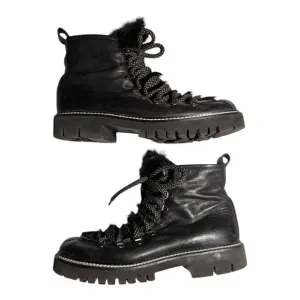 Sesto Meucci Black Leather Fur Trimmed Lace-Up Mid Top Lug Sole Boots 42 11