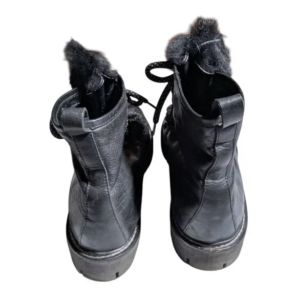Sesto Meucci Black Leather Fur Trimmed Lace-Up Mid Top Lug Sole Boots 42 11