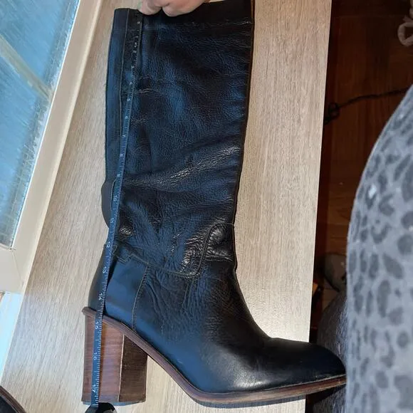 Seychelles Obsidian Black Round Toe Leather Knee High Boots Block Heel Women