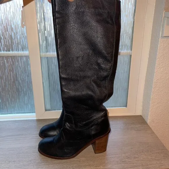 Seychelles Obsidian Black Round Toe Leather Knee High Boots Block Heel Women