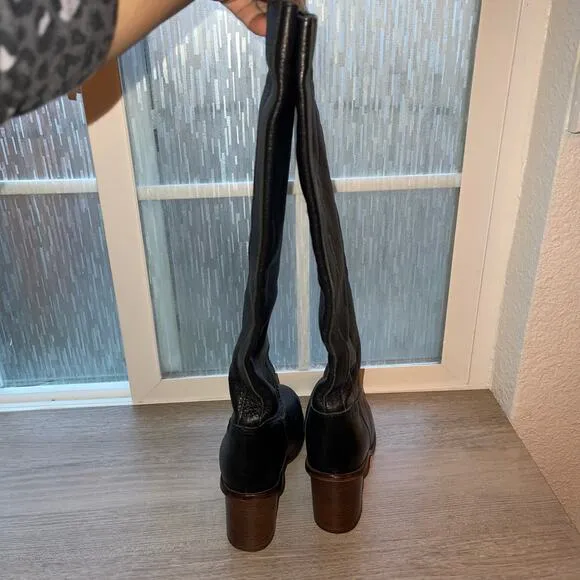 Seychelles Obsidian Black Round Toe Leather Knee High Boots Block Heel Women