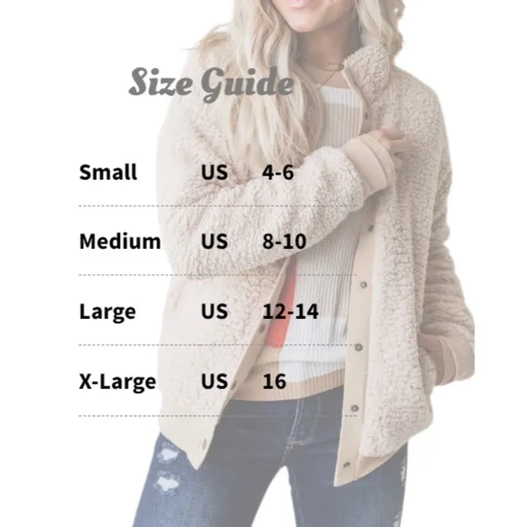 Sherpa Fleece Jacket Warm Long Sleeve Button Down Fuzzy Faux Wool with Pockets S