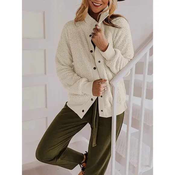 Sherpa Fleece Jacket Warm Long Sleeve Button Down Fuzzy Faux Wool with Pockets S
