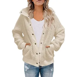 Sherpa Fleece Jacket Warm Long Sleeve Button Down Fuzzy Faux Wool with Pockets S