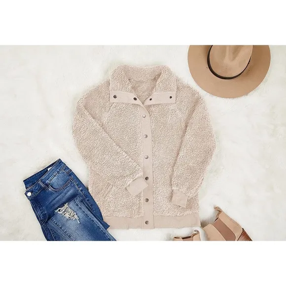 Sherpa Fleece Jacket Warm Long Sleeve Button Down Fuzzy Faux Wool with Pockets S