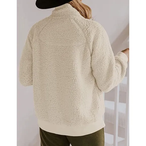 Sherpa Fleece Jacket Warm Long Sleeve Button Down Fuzzy Faux Wool with Pockets S