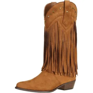 SheSole Calf Boots Women's Faux Suede Brown Fashionable Fringe Riding Boots