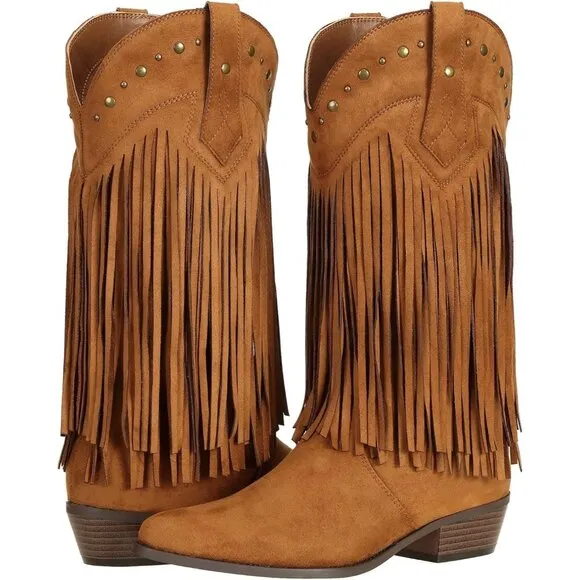 SheSole Calf Boots Women's Faux Suede Brown Fashionable Fringe Riding Boots
