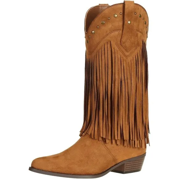 SheSole Calf Boots Women's Faux Suede Brown Fashionable Fringe Riding Boots