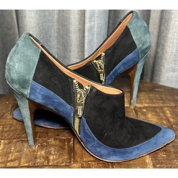 Sigerson Morrison Women's Suede Pointed Toe Gold Zip Ankle Boots Blue Size 7.5