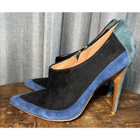 Sigerson Morrison Women's Suede Pointed Toe Gold Zip Ankle Boots Blue Size 7.5