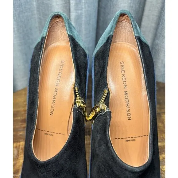 Sigerson Morrison Women's Suede Pointed Toe Gold Zip Ankle Boots Blue Size 7.5