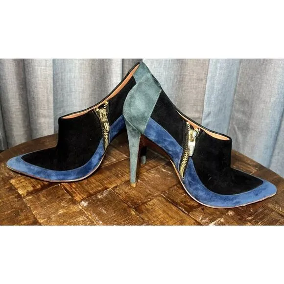 Sigerson Morrison Women's Suede Pointed Toe Gold Zip Ankle Boots Blue Size 7.5