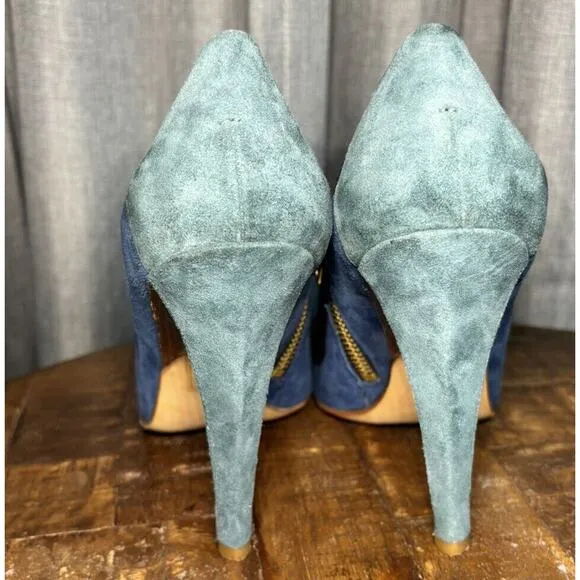Sigerson Morrison Women's Suede Pointed Toe Gold Zip Ankle Boots Blue Size 7.5