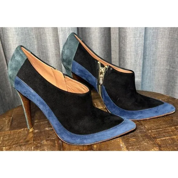 Sigerson Morrison Women's Suede Pointed Toe Gold Zip Ankle Boots Blue Size 7.5