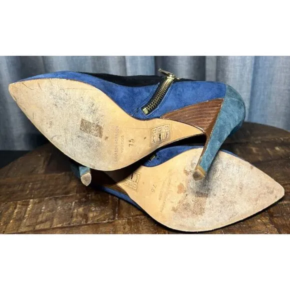 Sigerson Morrison Women's Suede Pointed Toe Gold Zip Ankle Boots Blue Size 7.5