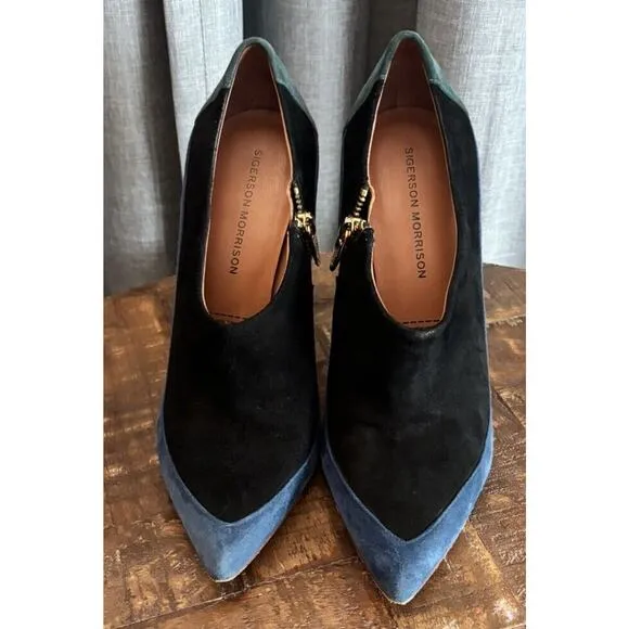 Sigerson Morrison Women's Suede Pointed Toe Gold Zip Ankle Boots Blue Size 7.5
