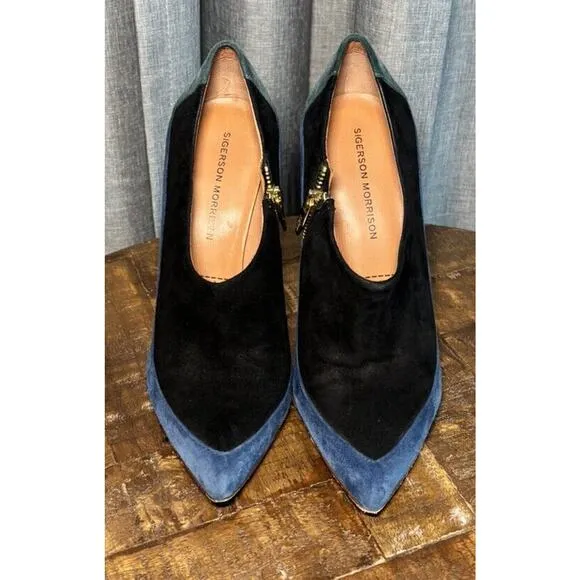 Sigerson Morrison Women's Suede Pointed Toe Gold Zip Ankle Boots Blue Size 7.5