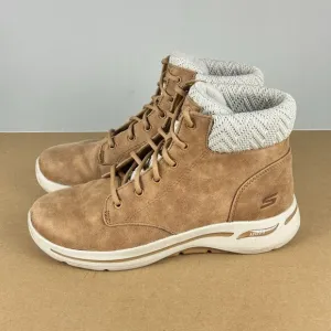 Skechers ArchFit Simply Cheery Go Walk Boots Womens 9.5 Chestnut Tan Faux Fur