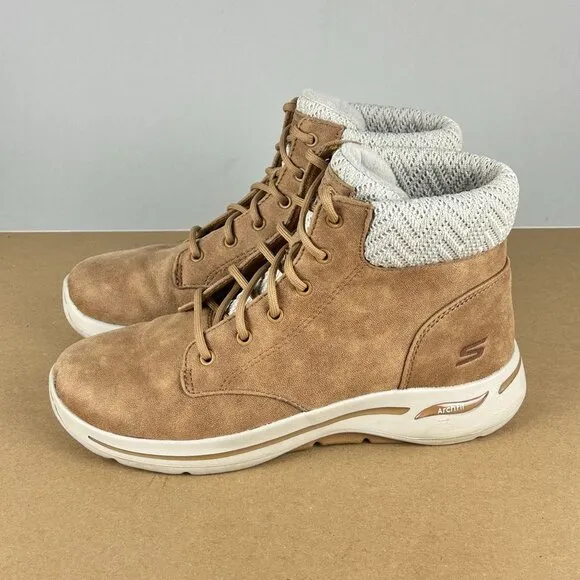 Skechers ArchFit Simply Cheery Go Walk Boots Womens 9.5 Chestnut Tan Faux Fur