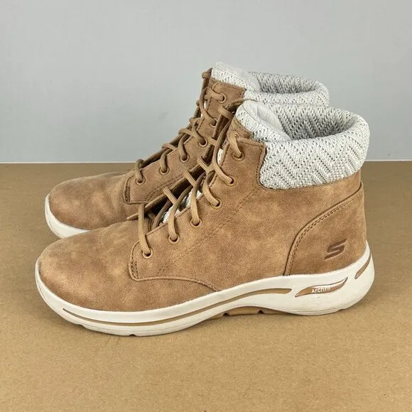 Skechers ArchFit Simply Cheery Go Walk Boots Womens 9.5 Chestnut Tan Faux Fur