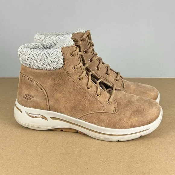 Skechers ArchFit Simply Cheery Go Walk Boots Womens 9.5 Chestnut Tan Faux Fur