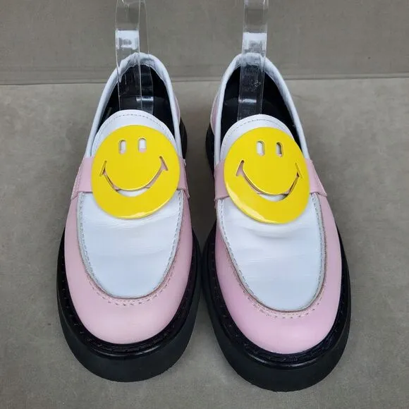 Smiley X Joshua Sanders Pink Multicolor Leather Loafer Yellow Smiley Sz EU 39