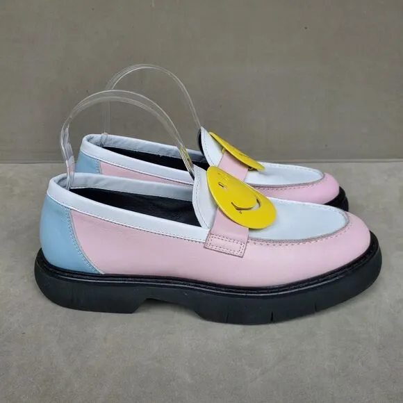 Smiley X Joshua Sanders Pink Multicolor Leather Loafer Yellow Smiley Sz EU 39