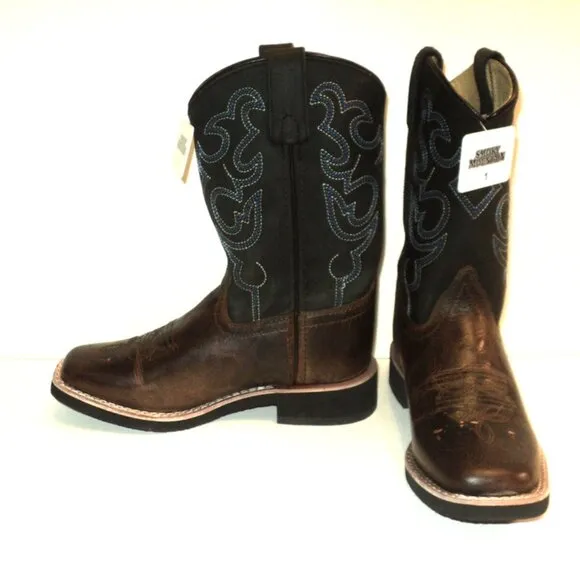 Smoky Mountain Boots Kids Sz 1 Monterey Western Boot Black, Brown Blue Stitching